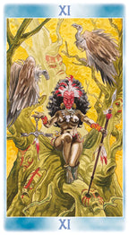 Tarot card with a central figure holding an arrow, surrounded by eagles on a yellow background.