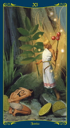 Tarot card featuring a woman with balloons and a small figure, surrounded by nature elements.