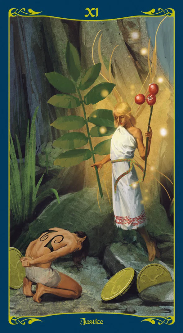 Tarot card featuring a woman with balloons and a small figure, surrounded by nature elements.