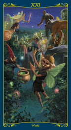 Fairy card from a tarot deck with a fairy holding a pot, surrounded by nature elements.