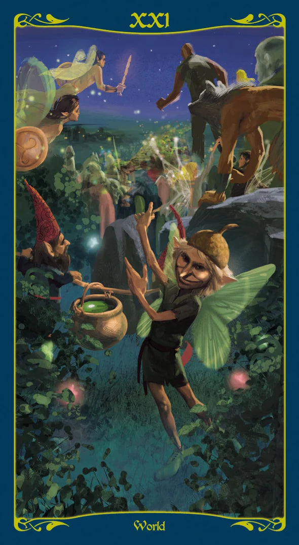 Fairy card from a tarot deck with a fairy holding a pot, surrounded by nature elements.