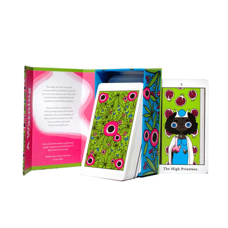 Colorful tarot card set with a card titled 'The High Priestess' on a white background