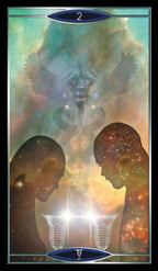 Two silhouetted figures facing each other with a glowing object, set against a cosmic background.