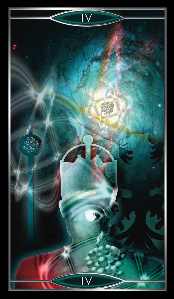 Tarot card with a mystical design featuring a figure and abstract elements.