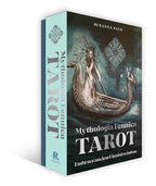 Book titled 'Mythologia Fennica Tarot' with a cover featuring a woman and dragon design on a light blue background.