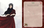 Illustration of a character in a red dress with a sheet of paper titled 'Chills' on a decorative background.