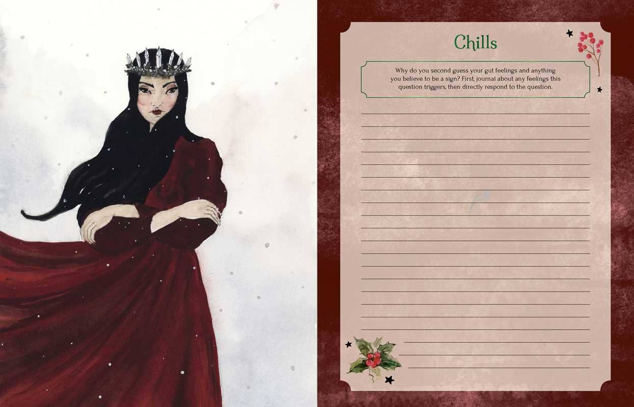 Illustration of a character in a red dress with a sheet of paper titled 'Chills' on a decorative background.