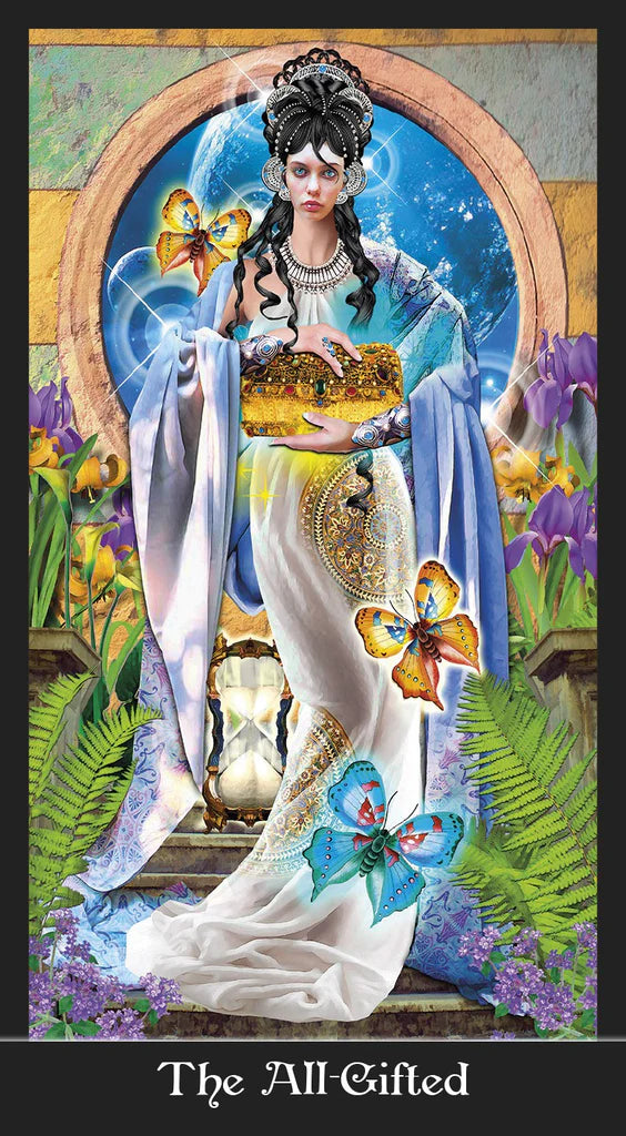 Framed artwork of a woman in a white dress with butterflies and flowers, titled 'The All-Gifted'.
