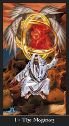 Tarot card featuring 'The Magician' with a central figure in robes and wings above a glowing orb.