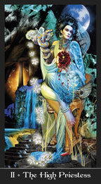 Artistic depiction of 'The High Priestess' from a tarot card series, featuring a figure in a mystical setting.