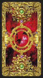 Decorative card with gold frame and gemstones on a red background
