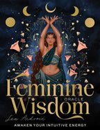 Book cover of 'Feminine Wisdom Oracle' with a woman in a green dress surrounded by flowers and moons.