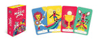 Colorful card game packaging with four cards featuring different characters on a white background