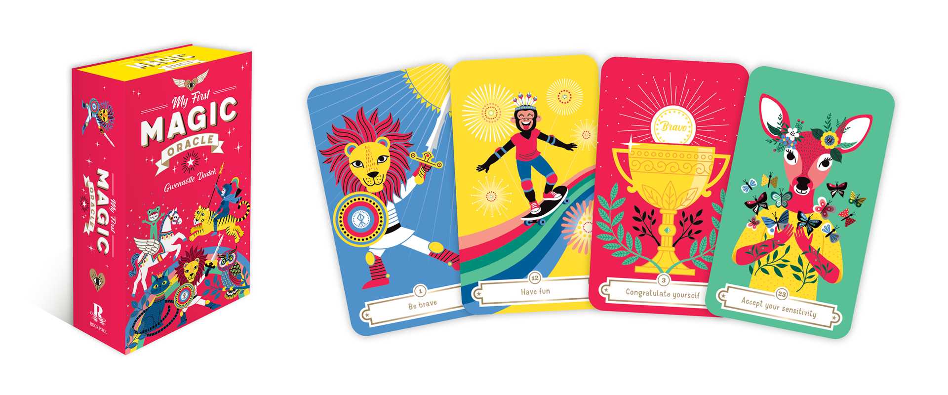 Colorful card game packaging with four cards featuring different characters on a white background