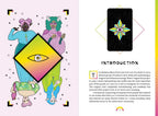 Illustrations of people with colorful clothing and accessories, a tarot card with a star design, and text on a pink background.