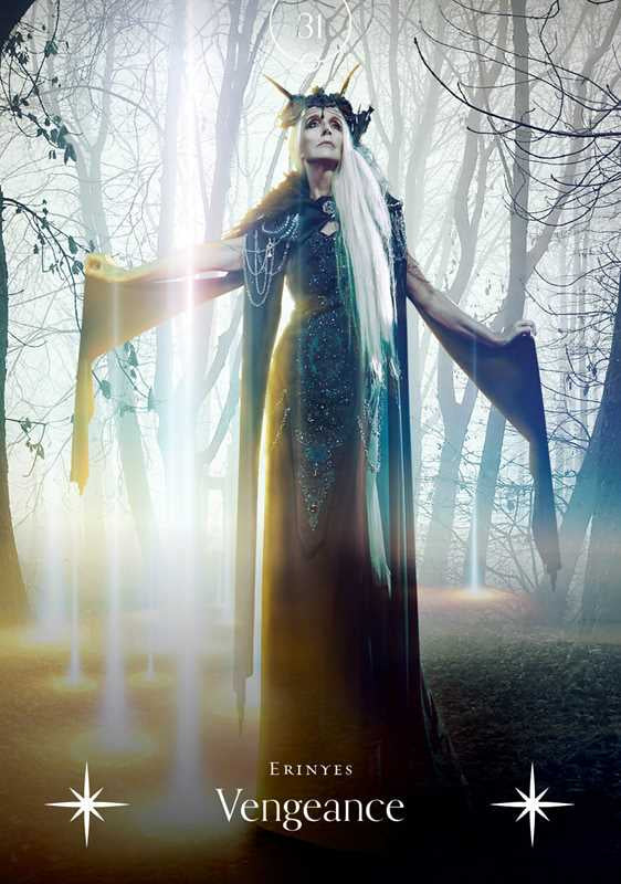 Person in a fantasy costume with harp in a forest setting, featuring the text 'Erinyes Vengeance'.