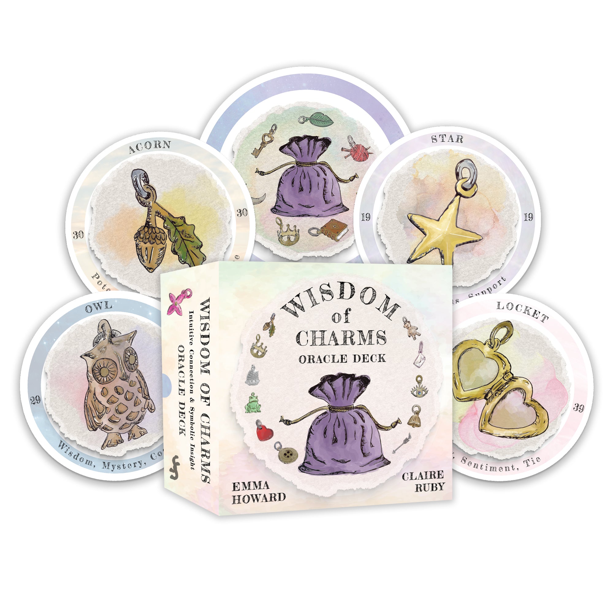 Packaging of 'Wisdom of Charms' oracle deck with illustrated cards on a white background
