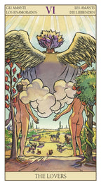 Tarot card titled 'The Lovers' with two nude figures and an eagle above them.