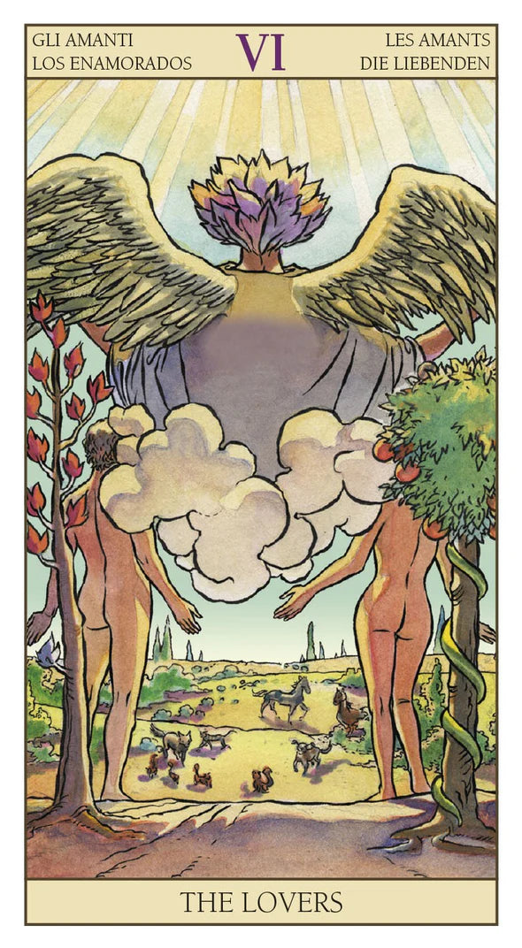 Tarot card titled 'The Lovers' with two nude figures and an eagle above them.