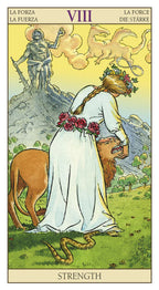 Tarot card titled 'Strength' featuring a woman with flowers and a lion, with text in multiple languages above.