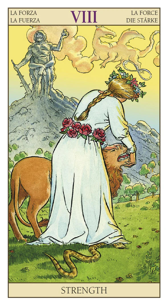 Tarot card titled 'Strength' featuring a woman with flowers and a lion, with text in multiple languages above.