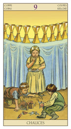 Tarot card featuring a girl and two children with chalices and a tablecloth.