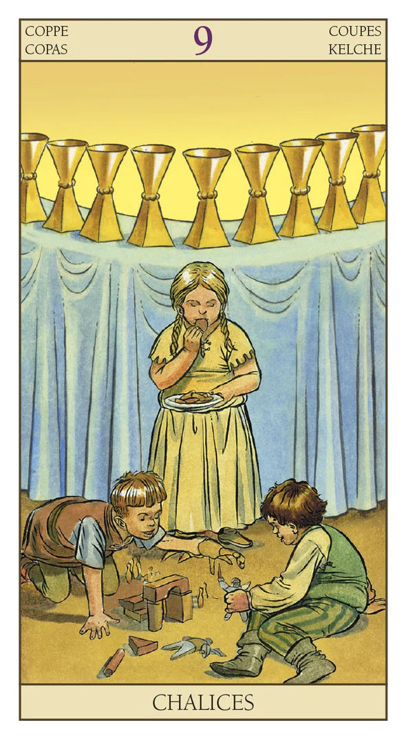 Tarot card featuring a girl and two children with chalices and a tablecloth.