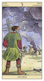 Tarot card featuring a figure with swords and a dramatic sky, labeled 'Swords'.