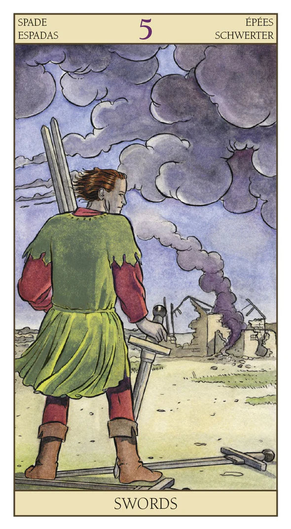 Tarot card featuring a figure with swords and a dramatic sky, labeled 'Swords'.