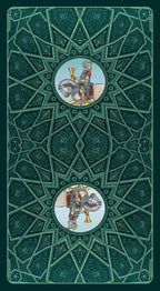 Decorative card with geometric patterns and central illustrations on a green background