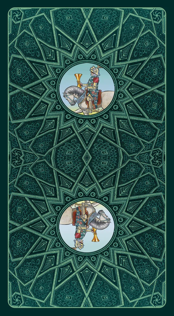 Decorative card with geometric patterns and central illustrations on a green background