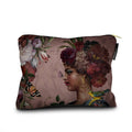 Pouch with a design of a woman's face surrounded by flowers and butterflies on a white background.