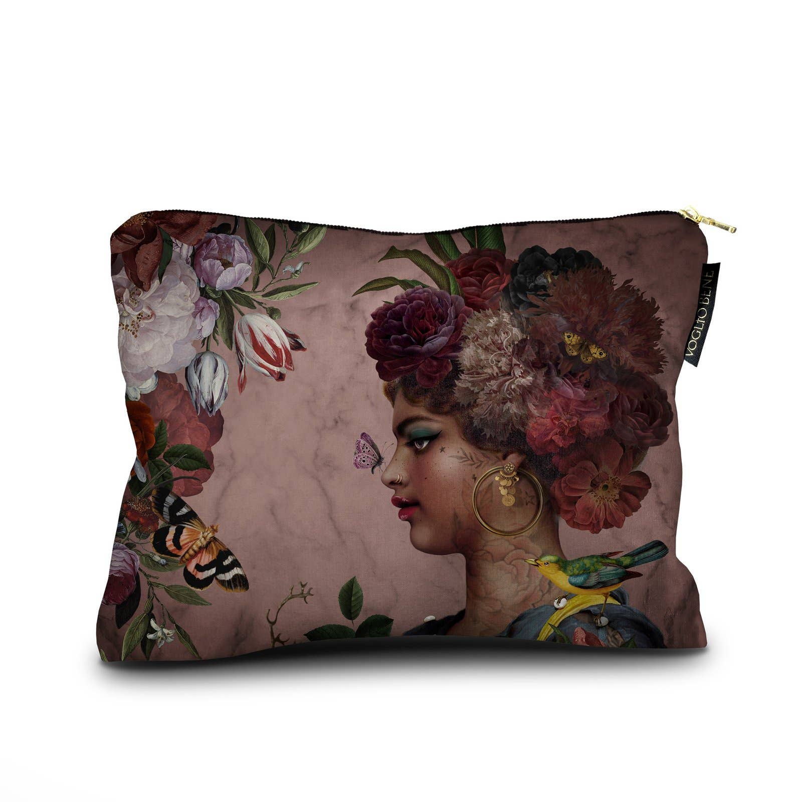Pouch with a design of a woman's face surrounded by flowers and butterflies on a white background.