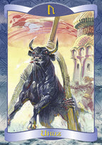 Tarot card featuring a bull with architectural elements and 'Uruz' text