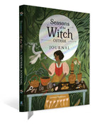 Book titled 'Seasons of the Witch Ostara Journal' with a witch at a table surrounded by plants and potions on a green background.
