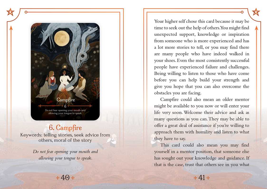 Tarot card with illustration and descriptive text on a decorative background