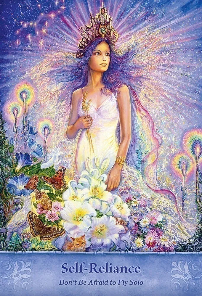 Artistic depiction of a woman with a crown surrounded by flowers and butterflies, with text 'Self-Reliance' at the bottom.