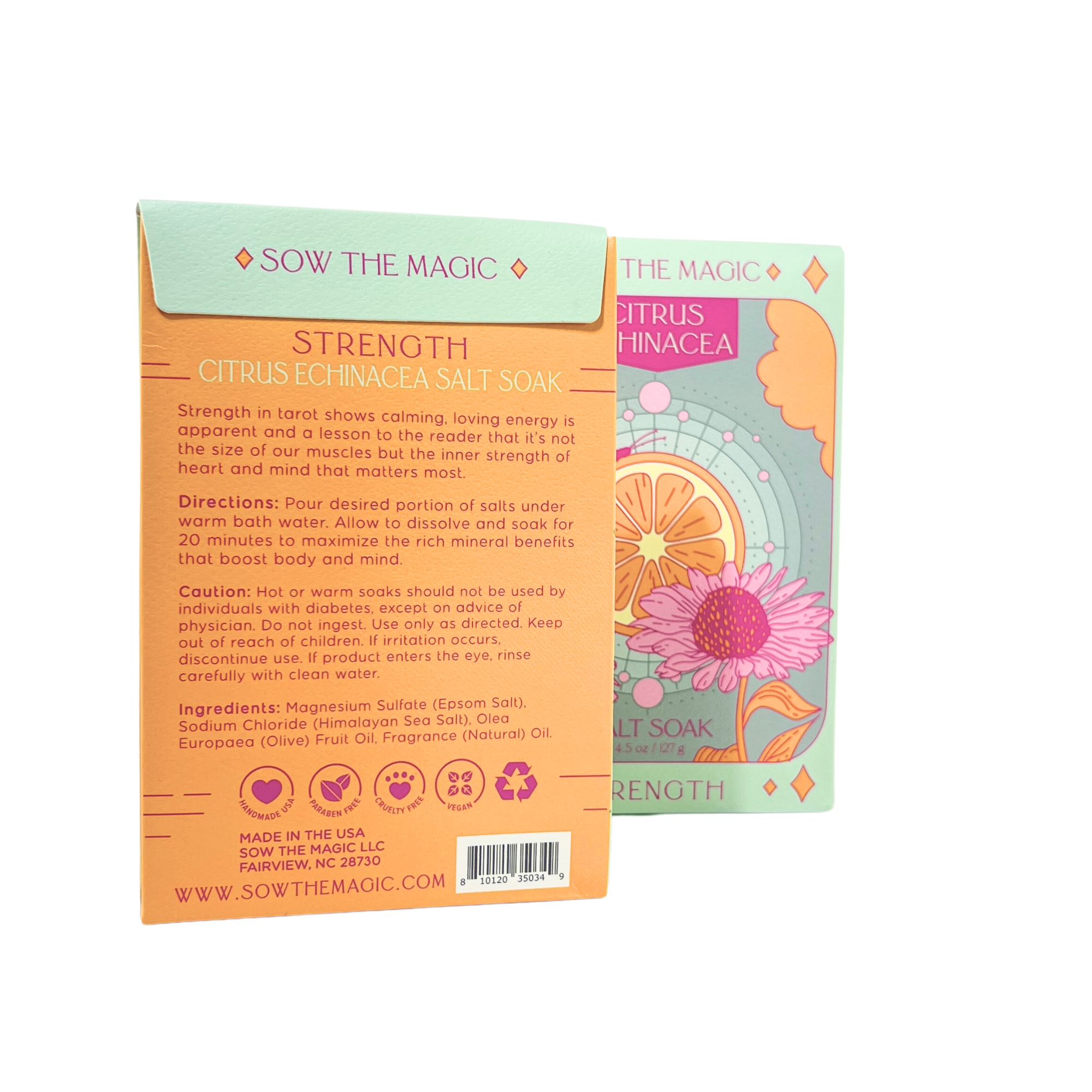 Two packaging designs for 'Sow the Magic' Citrus Echinacea Salt Soak with text and product details.