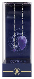 Purple teardrop-shaped pendant with chain on a blue display box