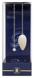 White pendant on a chain in a clear box with a blue interior