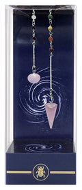 Crystal pendulum with colorful beads on a blue background