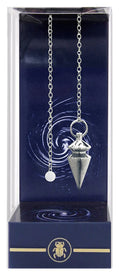 Silver pendulum in a clear box with a blue interior