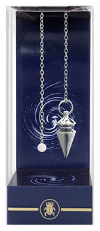 Silver pendulum in a clear box with a blue interior