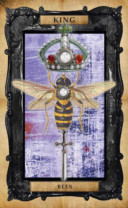 Decorative card with a bee design, clock, and decorative elements in a black frame.