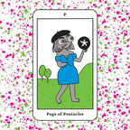 Tarot card illustration of 'Page of Pentacles' with a colorful polka dot background
