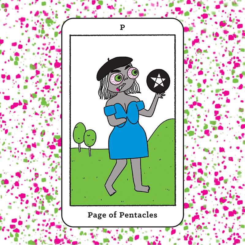 Tarot card illustration of 'Page of Pentacles' with a colorful polka dot background