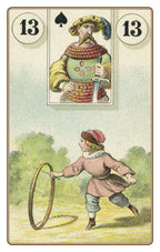 Playing card with a figure holding a basket and another playing hoop, labeled '13'.