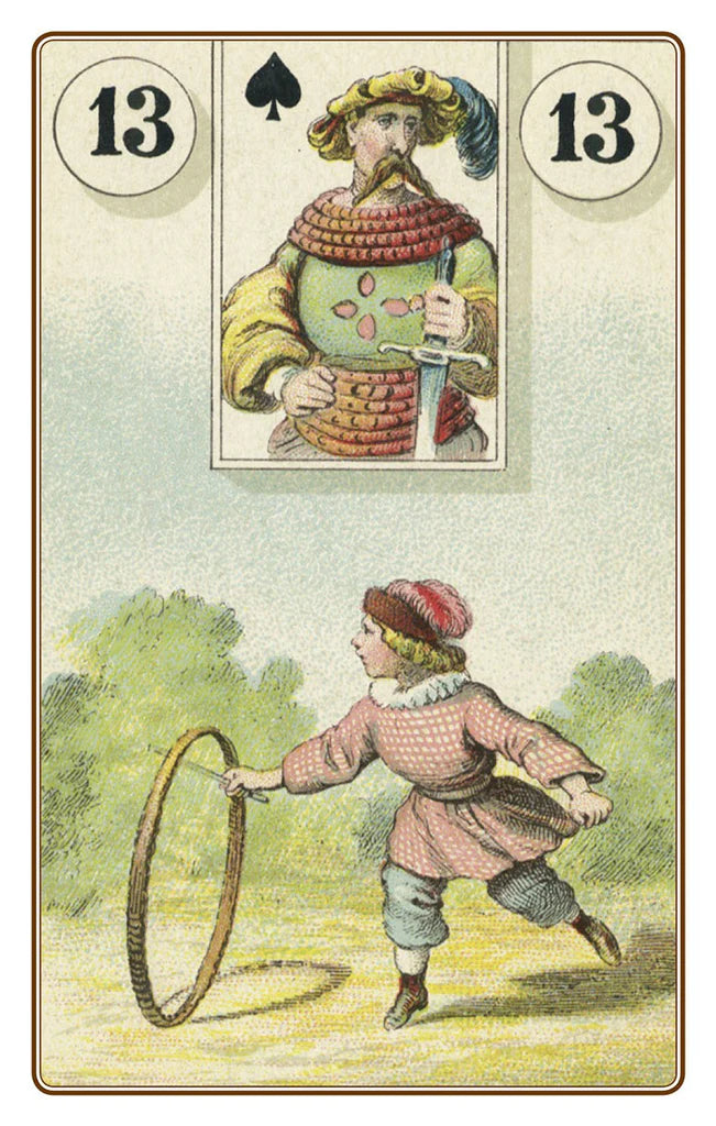Playing card with a figure holding a basket and another playing hoop, labeled '13'.