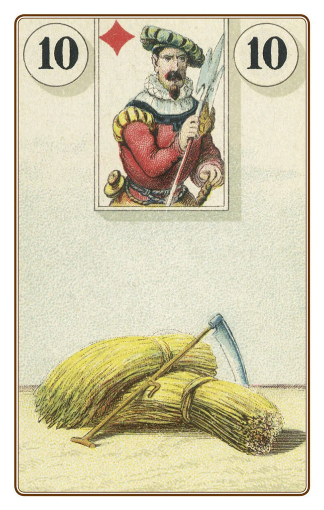 Card with a character holding a spear and a bundle of hay on a beige background
