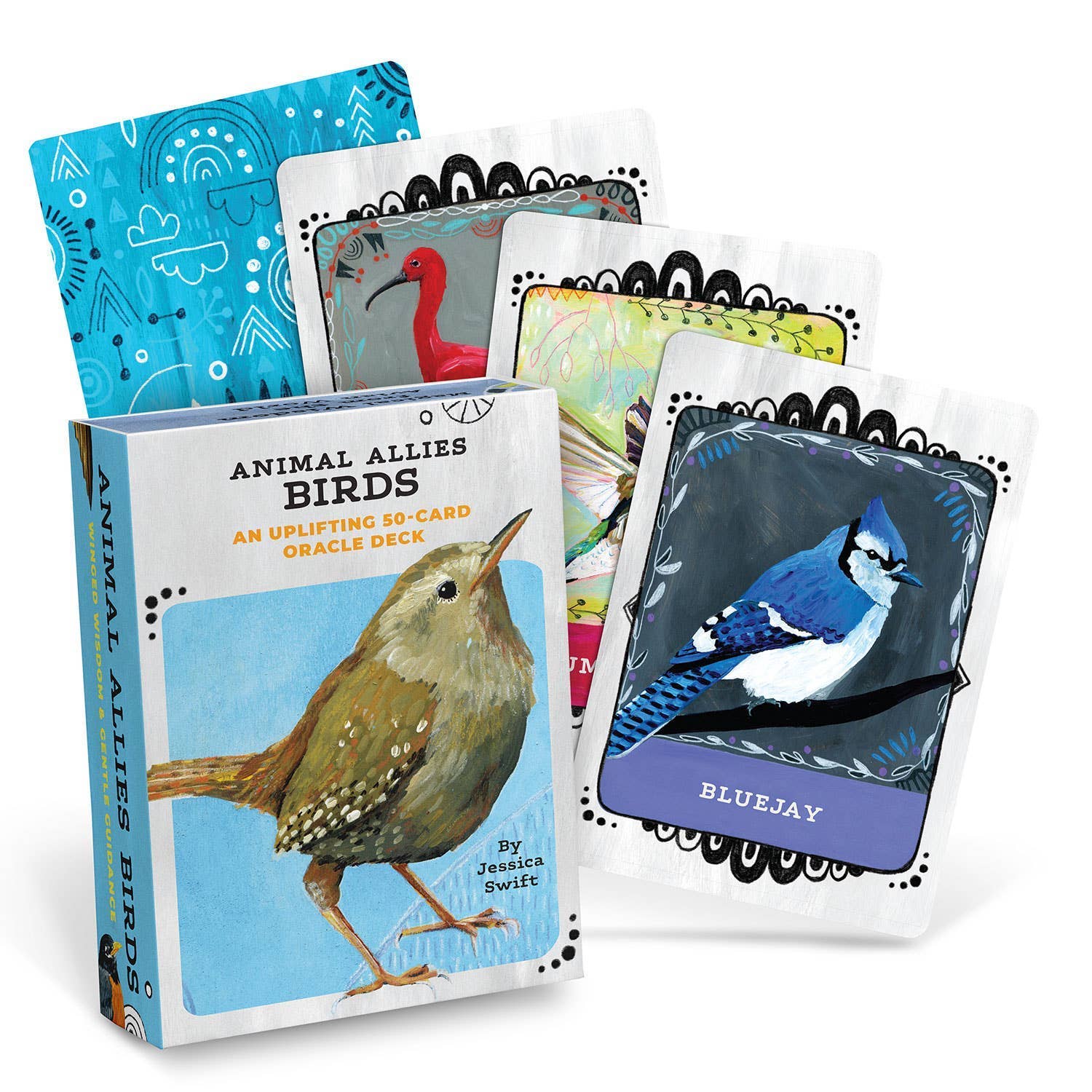 Card deck with bird illustrations and a box labeled 'Animal Allies Birds' on a white background